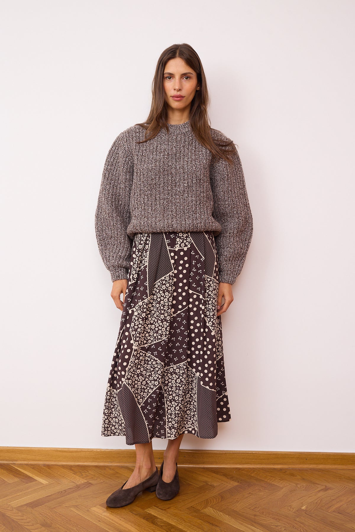 Jupe patchwork en soie marron
