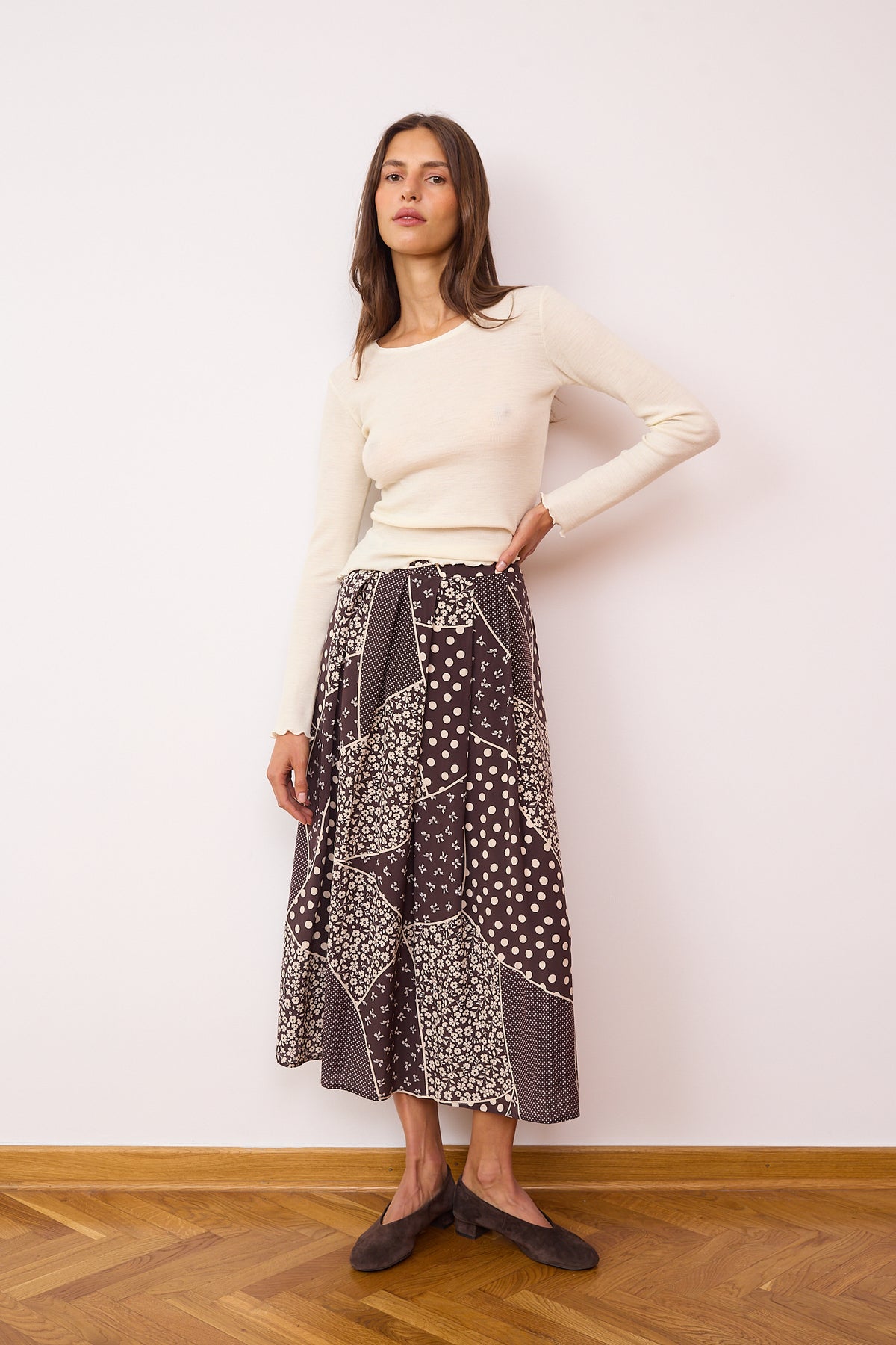 Jupe patchwork en soie marron